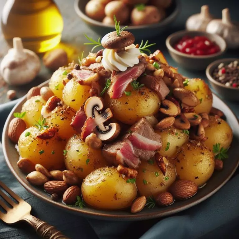Молодой картофель с мясом, грибами и орехами - Рецепты блюд Блюда из картофеля