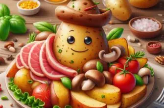 Молодой картофель с мясом, грибами и орехами